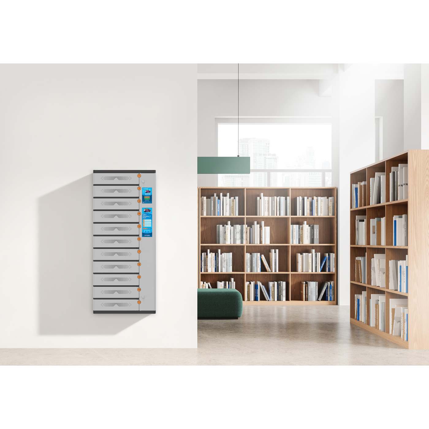 Kiosk Manhattan 181310 zamontowany na ścianie obok regałów bibliotecznych