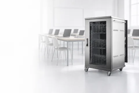 Wózek do ładowania laptopów w szkolnej pracowni